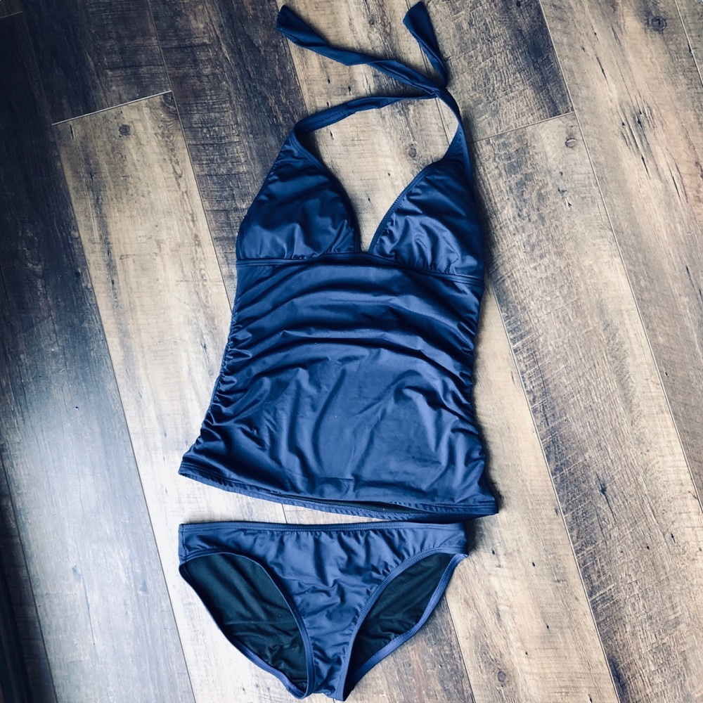 Calvin Klein Navy Shirred Ruched V-neck Tankini